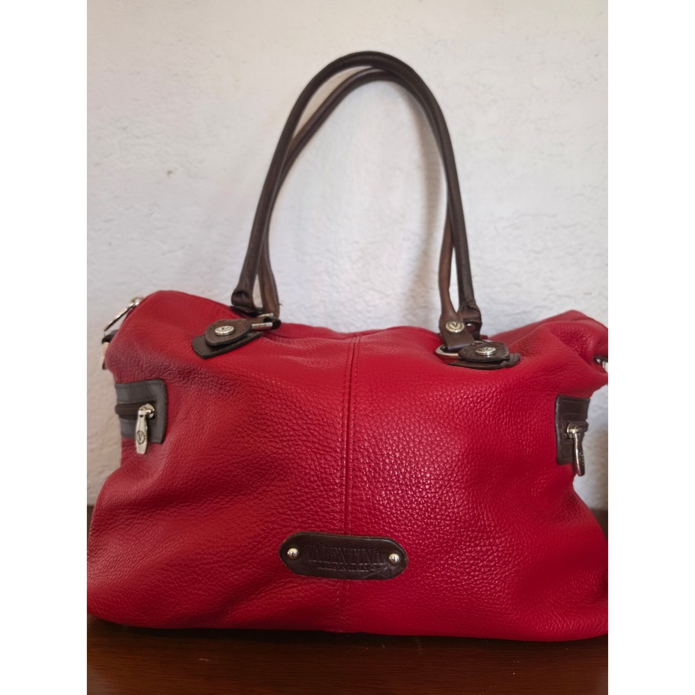 Valentina Made in Italy Red Pebble Leather Shoulder Bag Brown Trim Tote Purse